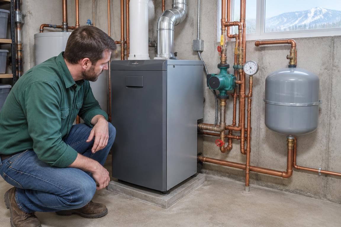 Hot water boiler repair in Fort Collins with a plumber checking residential hydronic pipes and a circulator pump