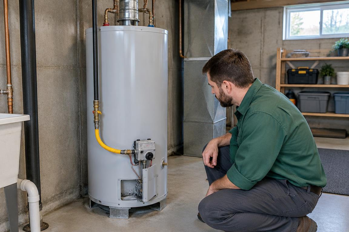 Gas water heater repair in Fort Collins showing external gas controls and a residential flue inspection