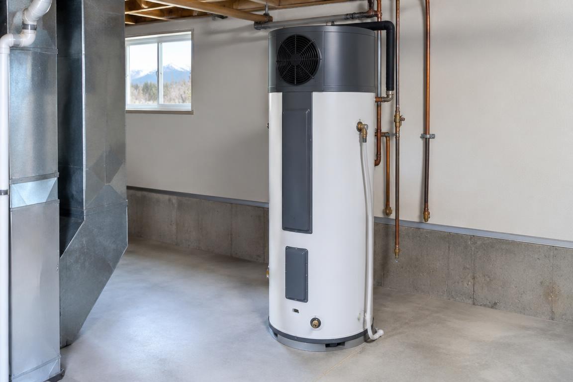 Hybrid water heater installation in Fort Collins with a heat pump tank and clear basement airflow