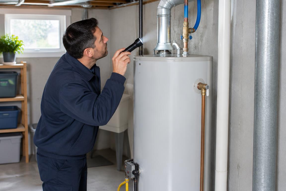 Water heater leak repair in Fort Collins with a plumber inspecting residential tank fittings and valve areas