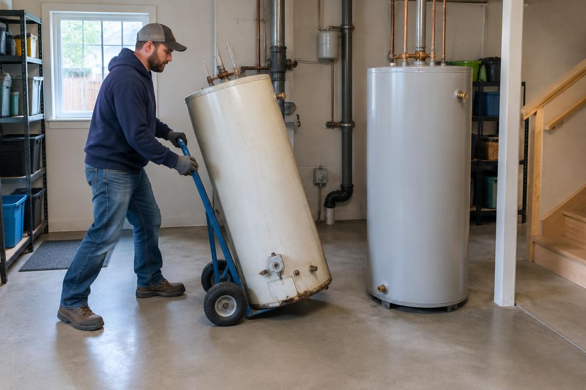 Emergency water heater repair in Fort Collins with a plumber assessing a residential tank and safe access