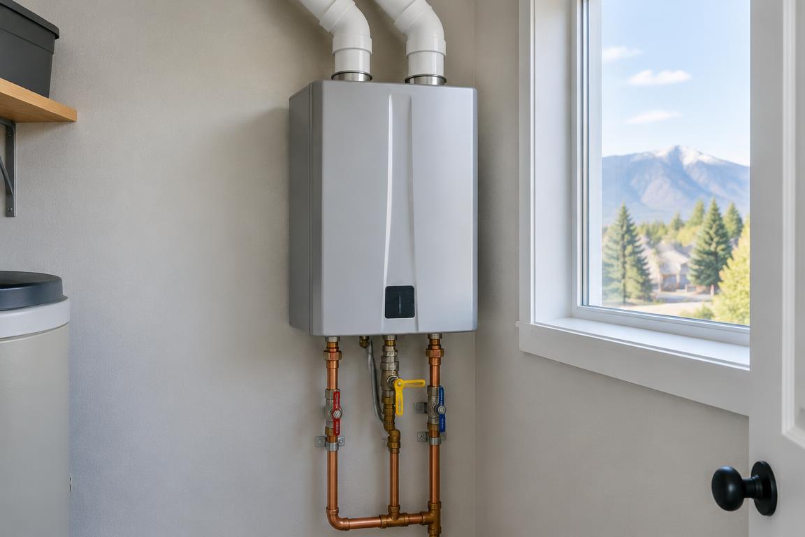 Tankless water heater installation in Fort Collins showing a compact wall mounted unit with service connections