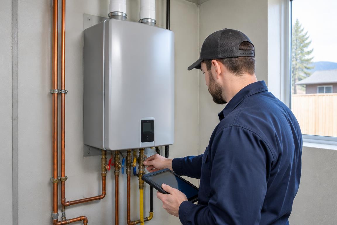 Tankless water heater repair in Fort Collins with a technician checking external valves and heater operation