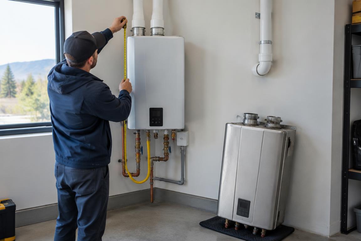 Tankless water heater replacement in Fort Collins with a technician measuring vent and connection locations